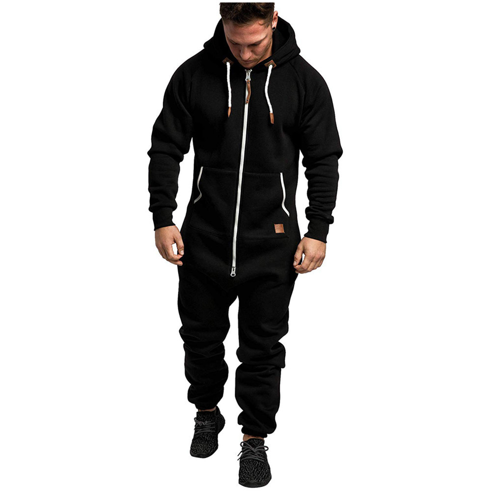 Men's hooded fleece jumpsuit solid color matching casual men's suit jumpsuit