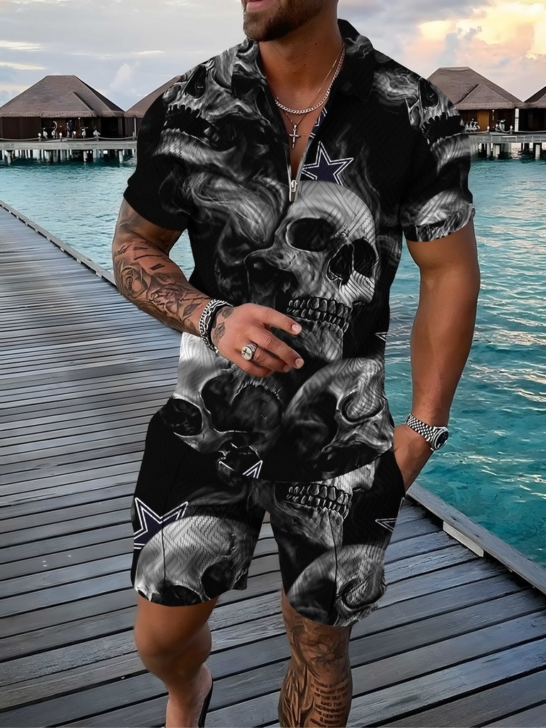 Men's Summer Casual Trendy Men's Short-sleeved 3D Printed Large Size Polo Shirt Set