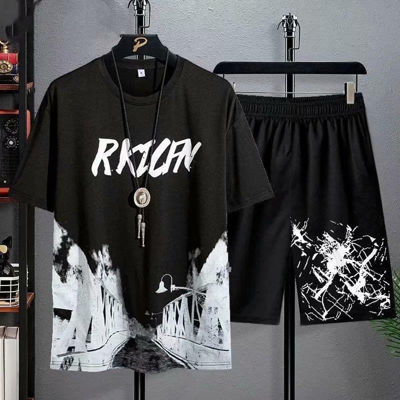 Summer Short-sleeved T-shirt Set Men's Trendy Personalized Casual ins Trendy Brand Half-sleeved Ice Silk T-shirt Two-piece Set Men's
