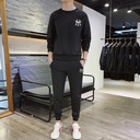 Spring and Autumn Printed Trendy Casual Imitation Cotton Long-sleeved Trousers Two-piece Crewneck Suit for Men