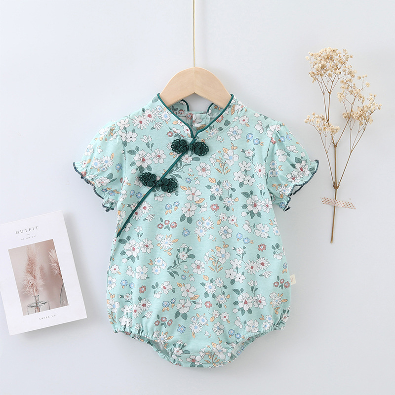 Baby jumpsuit summer born short-sleeved climbing suit baby triangle bag fart ha clothes cheongsam national fashion