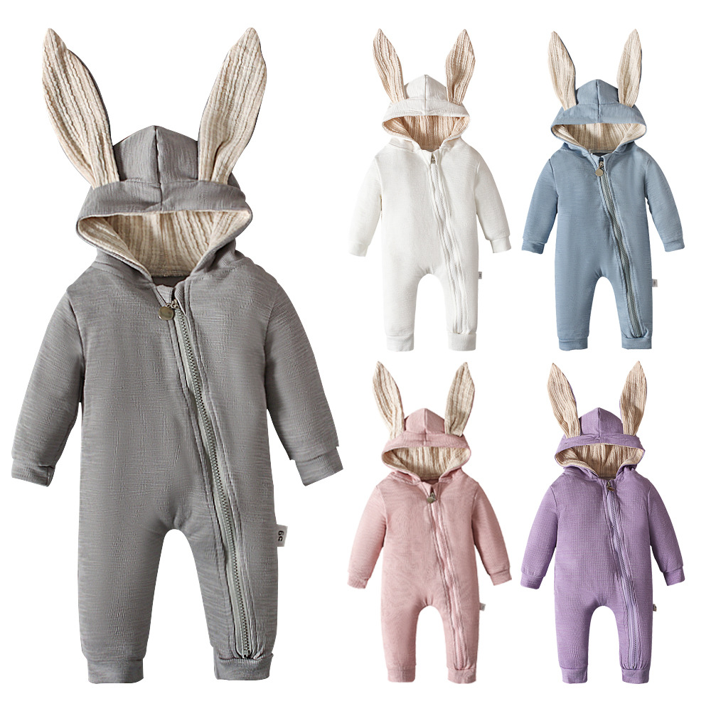 Men and Women Infants Spring and Autumn Easter Long-sleeved Crawling Clothes Rabbit Ears Cartoon Zipper Suit Children's Clothing
