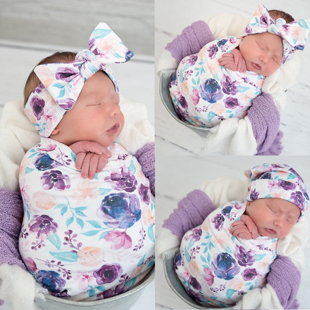 Printed Baby Wraps born Wraps Fetal Cap Hair Band Three-piece Printed Stretch Wraps Set