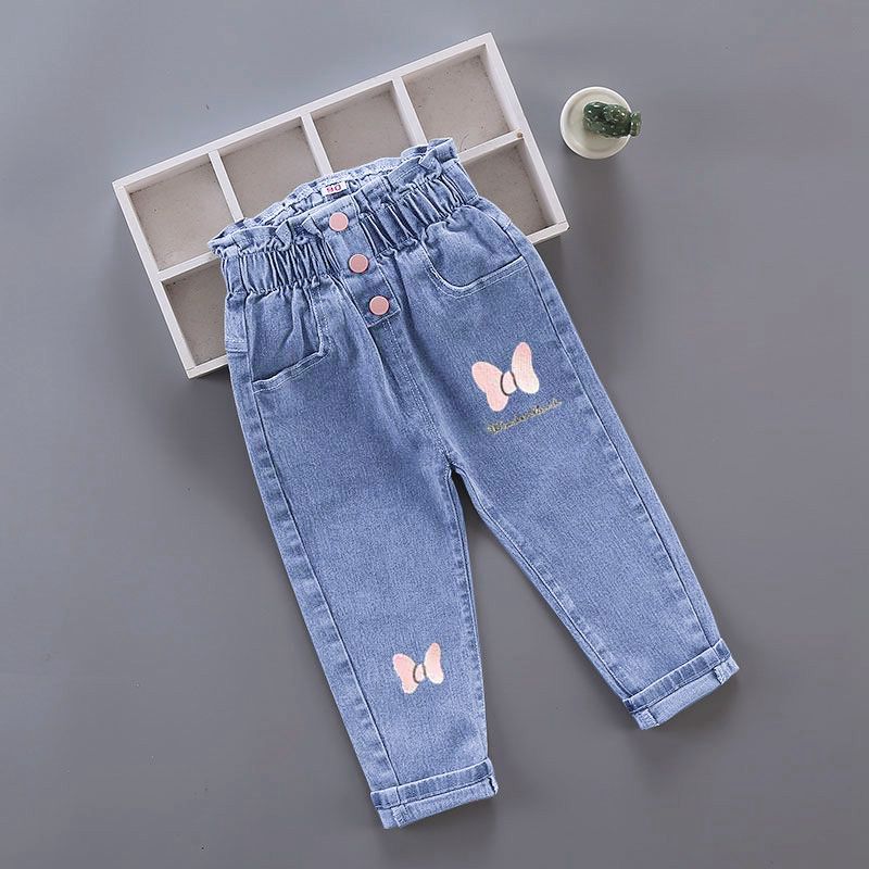 Spring and Autumn Children's Denim Trousers for Small and Medium Girls Stretch Printed Salt Fried Denim Trousers for Children