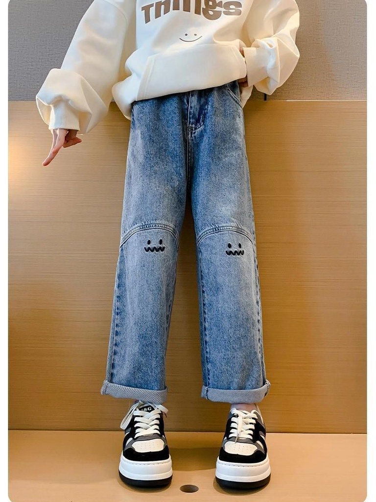 Spring and Summer Cute Wide Leg Jeans Girls' Large Size Hong Kong Style Retro Cute Small Smiley Embroidered Straight Long Pants