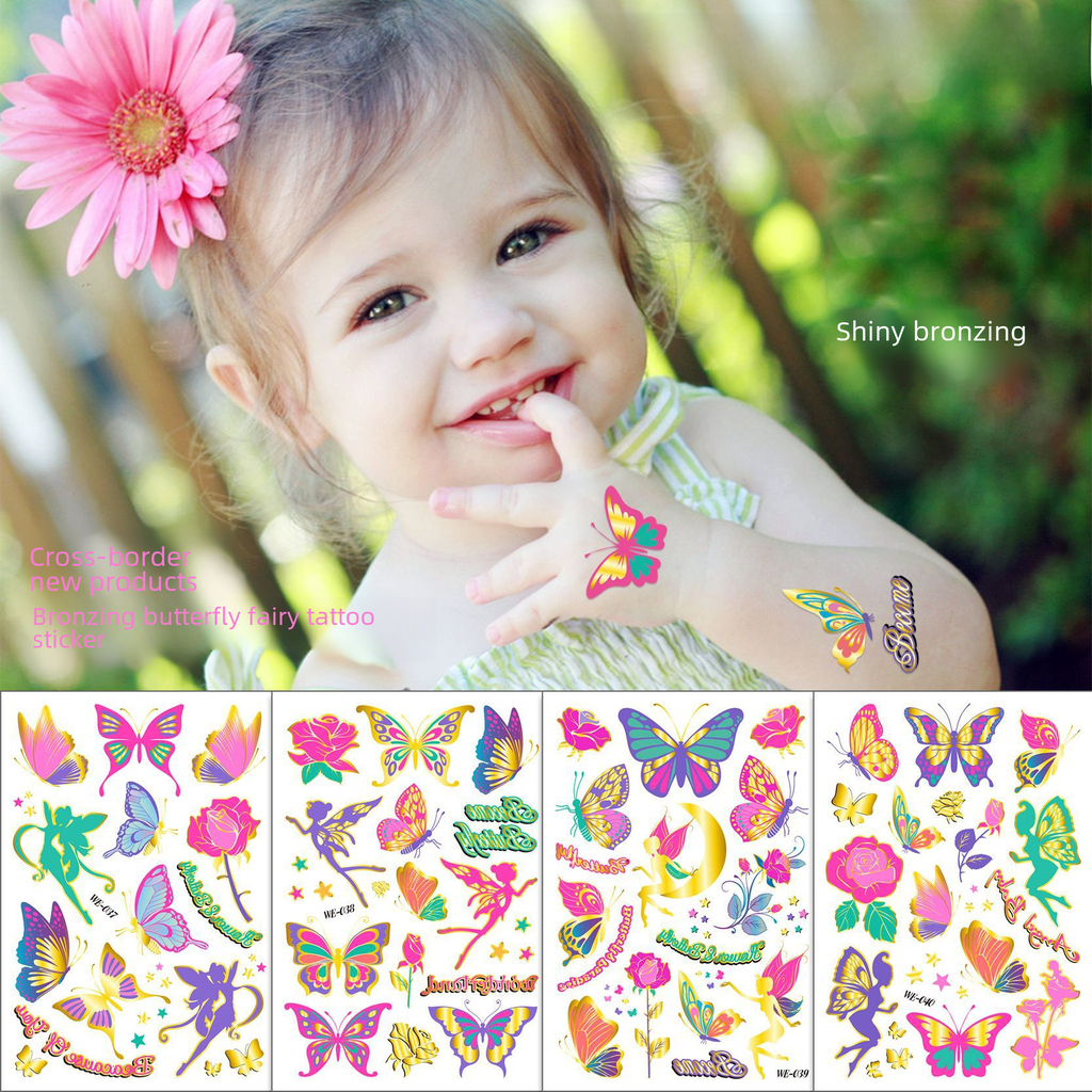 Children's Arm Eco-friendly Butterfly Flower Fairy Bronzing Tattoo Sticker Colorful Cute Flower Cartoon Tattoo Sticker