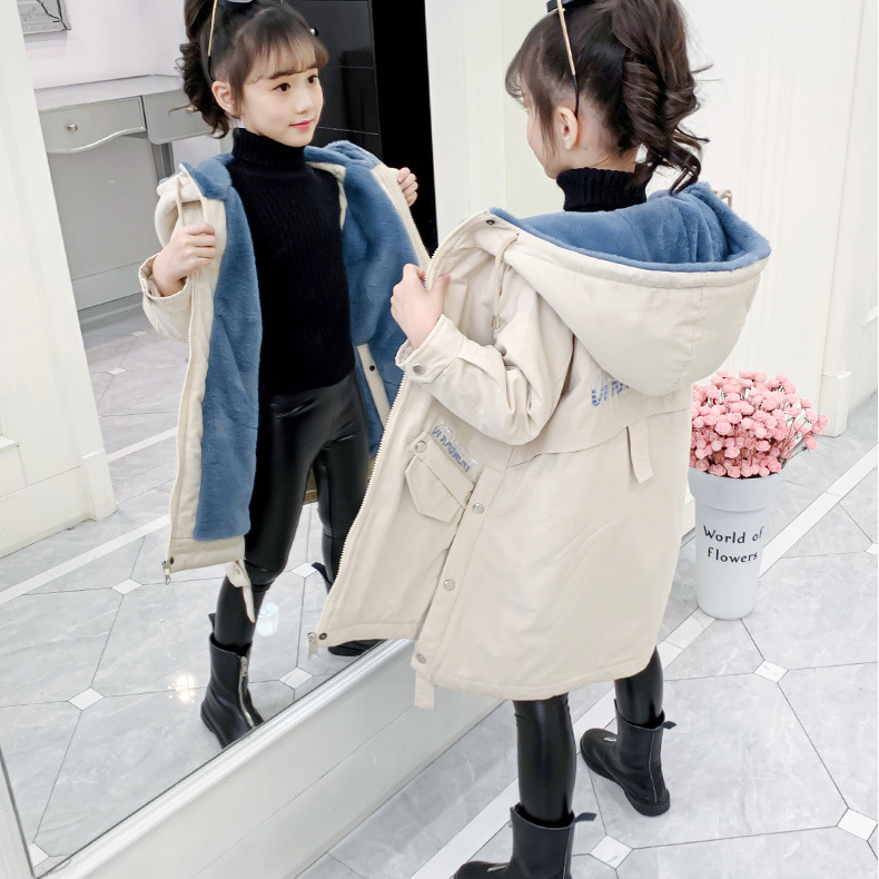 Girls' Autumn and Winter Korean Children's Wear Plus Velvet Jacket Middle and Large Children's Middle and Long Pike Clothing Cotton-padded Coat