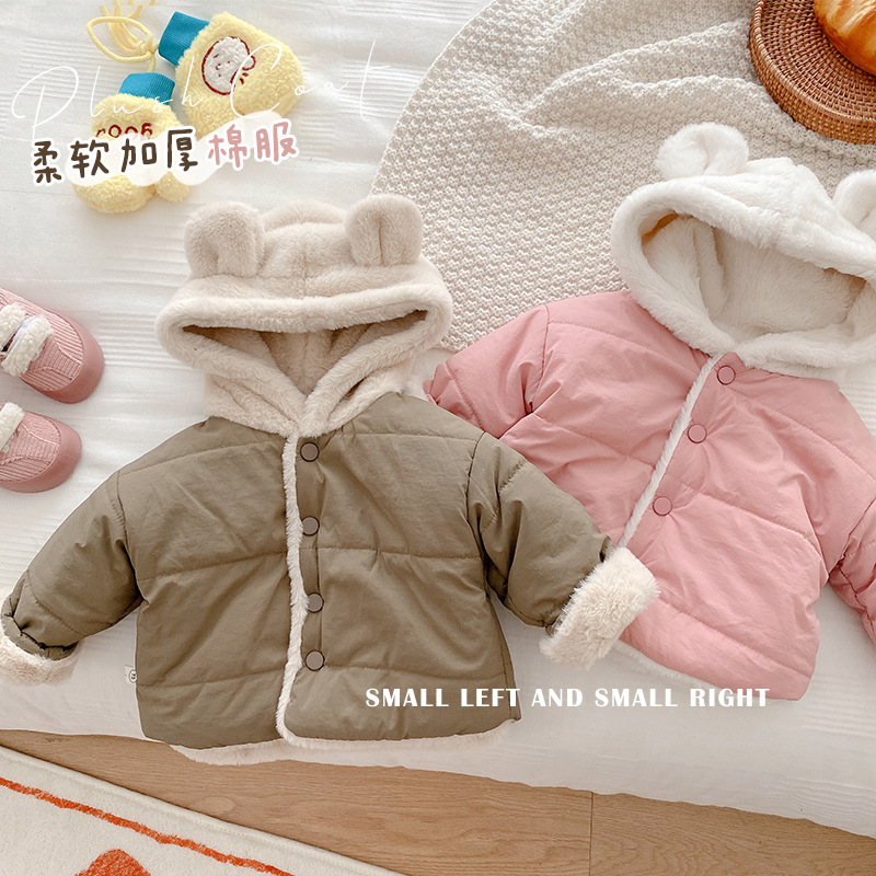 Children's cotton-padded jacket 0-5 years old winter Huzhou children's clothing female baby Korean cotton-padded jacket boy hooded warm cotton-padded jacket
