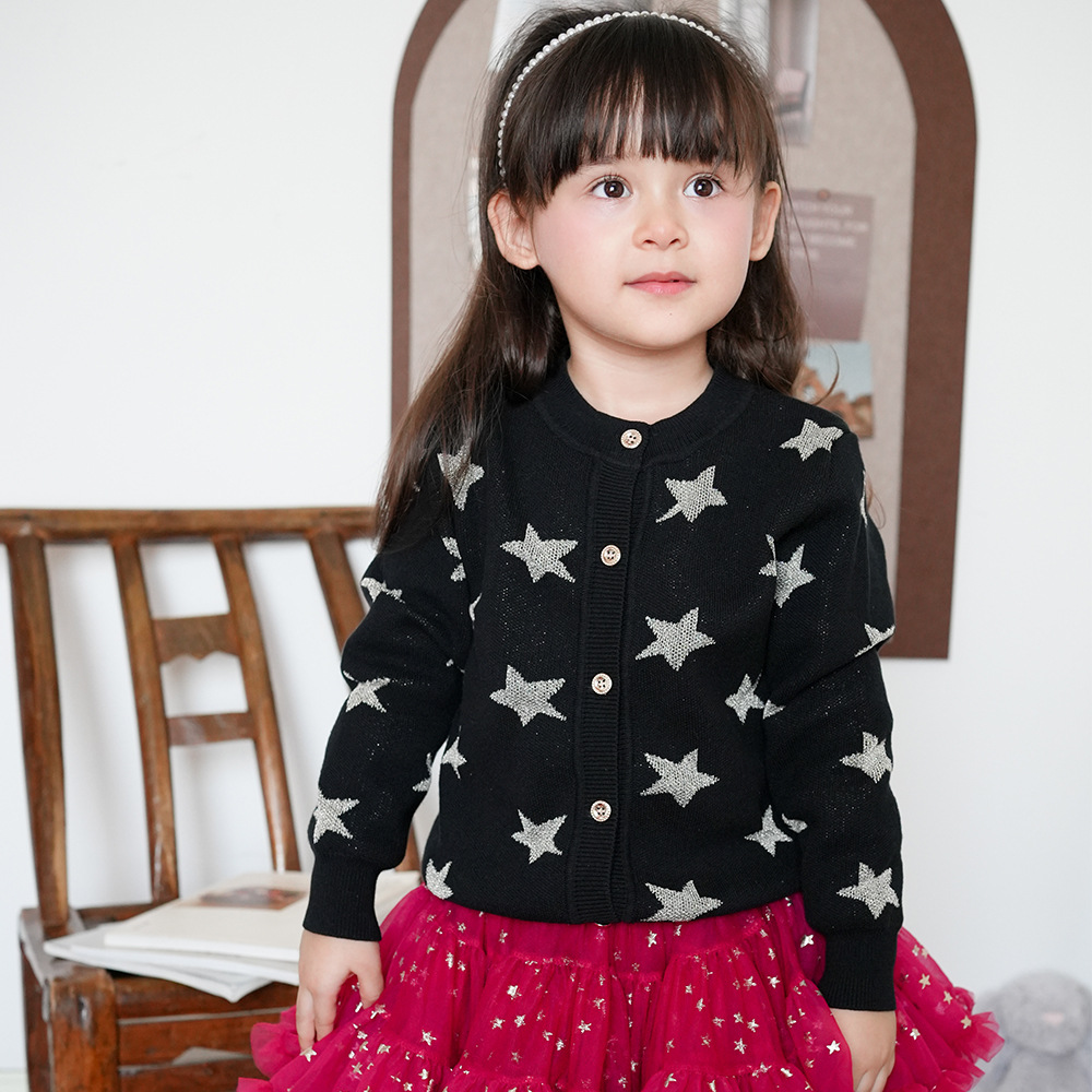 Children's clothing spring and autumn five-pointed star jacquard children's sweater cardigan coat thickened girls' knitted cardigan