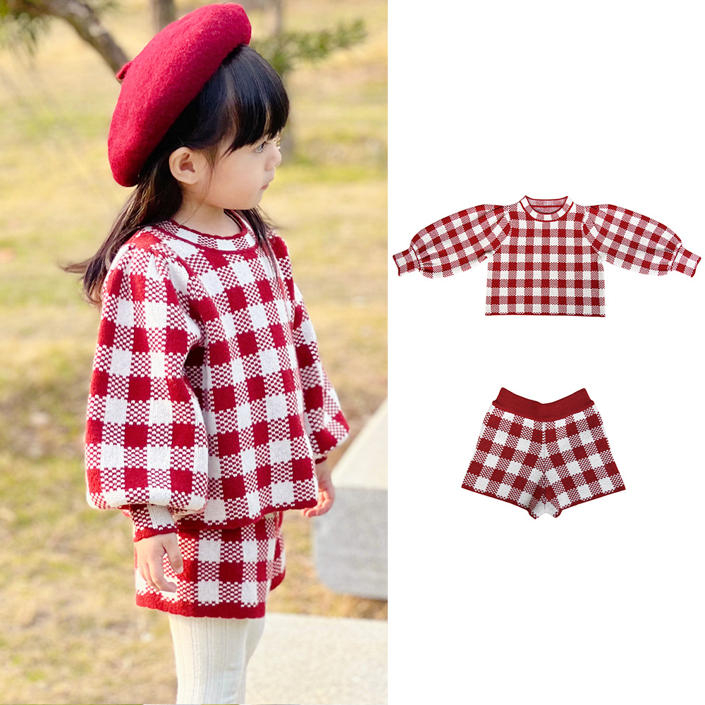 Spring Girl's Classic Retro Plaid Knitwear Top Shorts Children's Clothing Western Style Suit