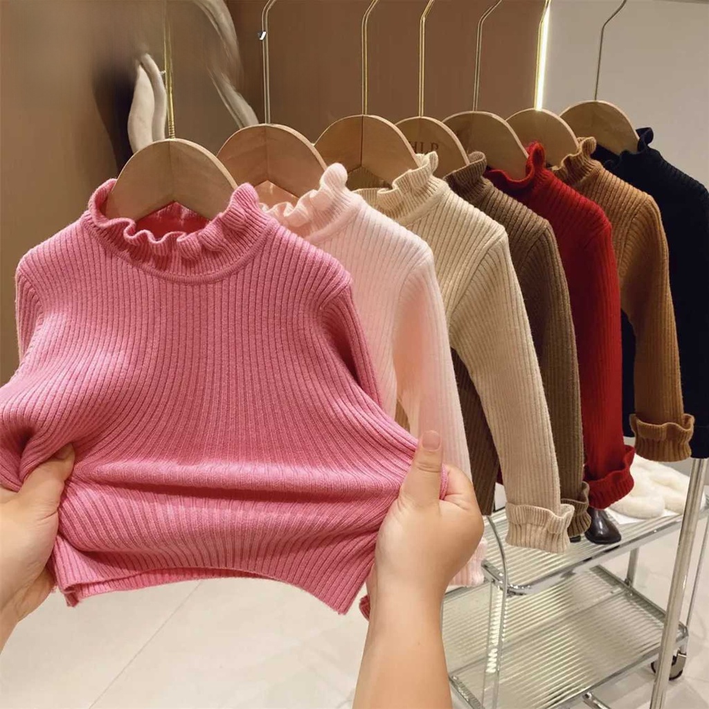 Girls' Base Sweater Autumn and Winter Baby Knitted Sweater Stylish Fungus Edge Middle Collar Korean Style Children's Inner Top