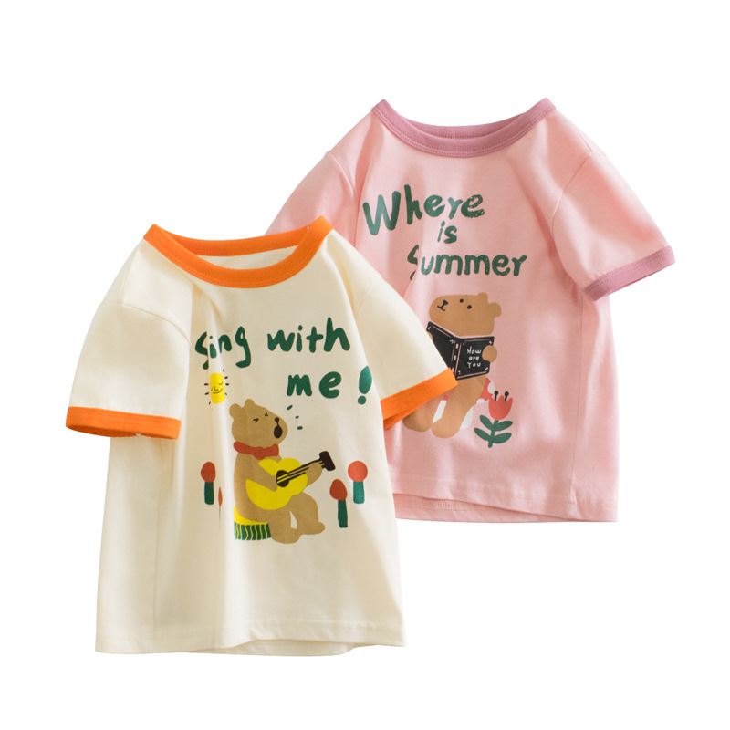 Girls' short-sleeved T-shirt Summer children's casual western style bear children's clothing half-sleeved one-piece delivery