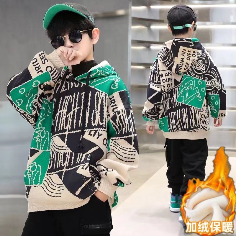 Boys' Hooded Sweatshirt Spring and Autumn Arrival Zhongda Children's Autumn and Winter Boys' Autumn Fleece-Lined Top Trendy Brand