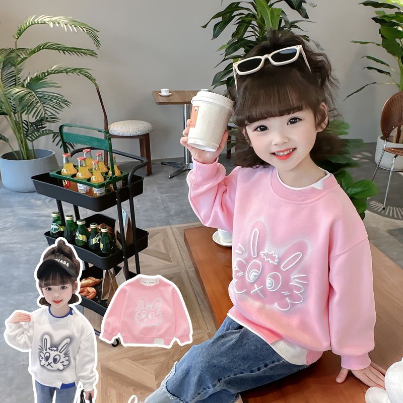 Girls' Sweatshirt Spring Korean Children's Cartoon Fake Two-piece Top Baby's Western Style Spring and Autumn Clothes