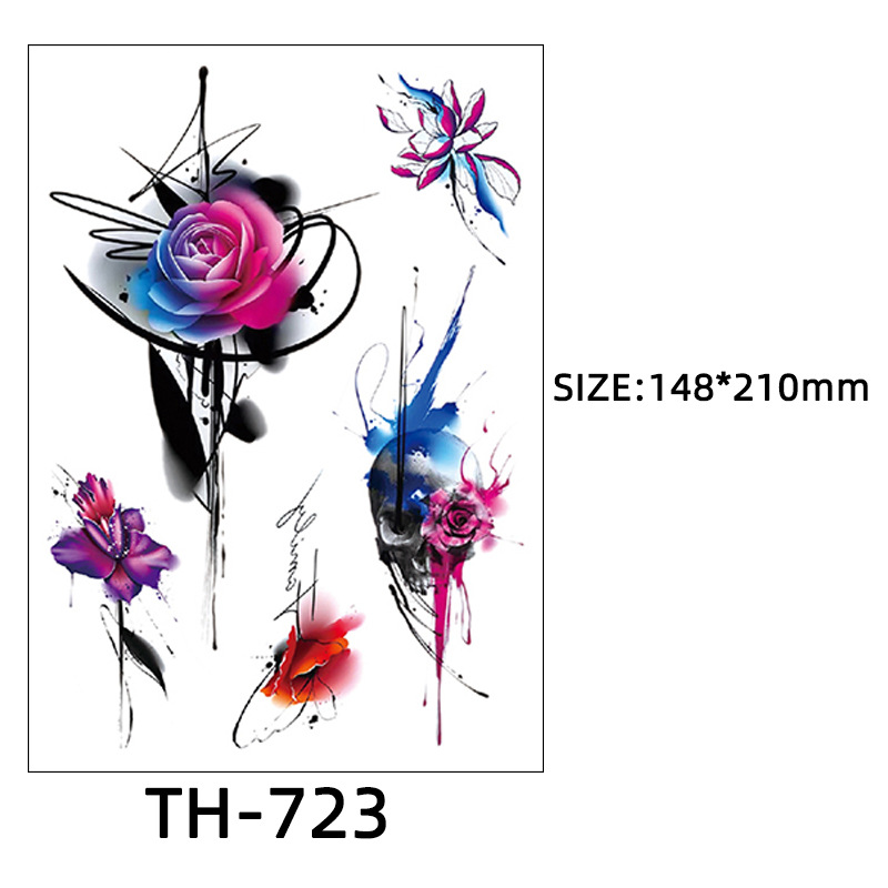 跨境专供 新款花朵纹身贴彩色花朵 鲜艳花朵 玫瑰纹身贴纸 tattoo