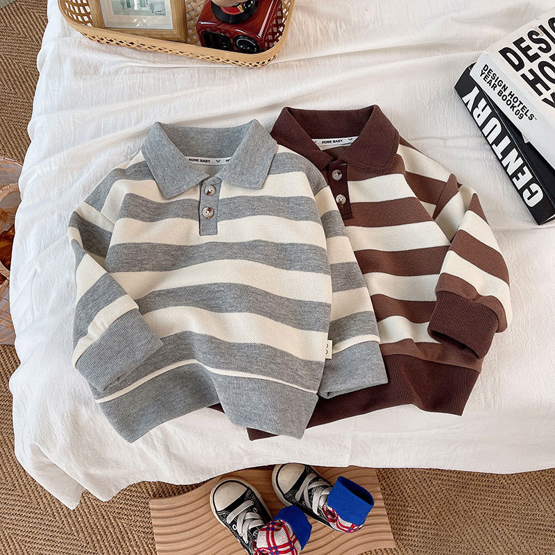 Children's Spring Wear Striped Lapel Sweater Boy's Korean Top Cotton Spring and Autumn Long Sleeve Polo Collar Base Shirt