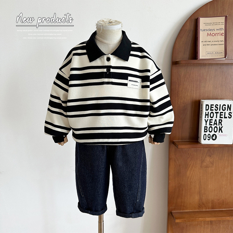 Wind Valley Autumn Children's Wear Korean-style All-match Black and White Striped Sweater Boys' Trendy Cool Polo Shirt