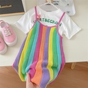 韩国童装女童夏季2024新款洋气彩虹纹吊带裙小女孩洋气T恤+连衣裙