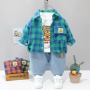 Boys Spring Trousers Set Plaid Cotton Shirt Three-piece Set No Hood Single-breasted Spot Trendy Children's Wear