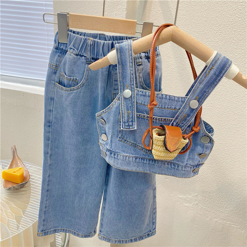 Children's clothing spring and summer girls fashion fried street denim vest with wide leg pants set