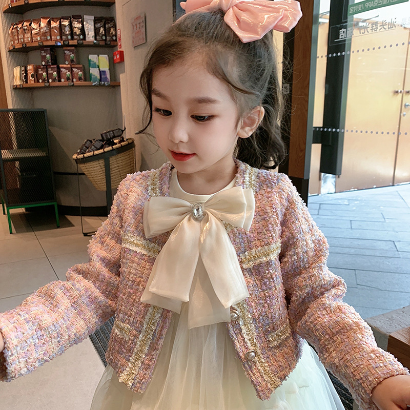 Spring and Autumn girls' Chanel style coat little girls' mesh long sleeve dress bow princess dress children's two-piece suit
