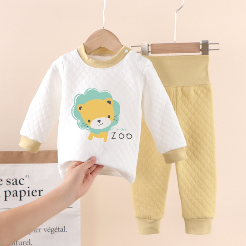 Children's High Waist Thermal Underwear Set Cotton Three-Layer Warm Thickened Baby's Autumn Clothes and Trousers Children's Clothing Home Clothes