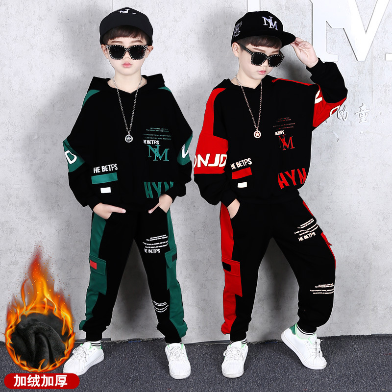 Children's Wear Boy's Winter Suit Large Children's Fleece-lined Thickened Boy's Korean-style Sports Two-piece Suit