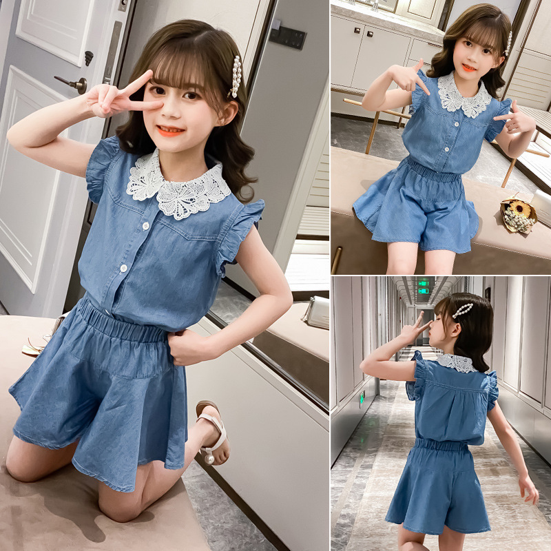 Girls summer lace denim shorts set a generation of Korean casual Net red shirt