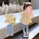 Ancorelala summer girls' suit cute doll shirt top plus denim pants two-piece set