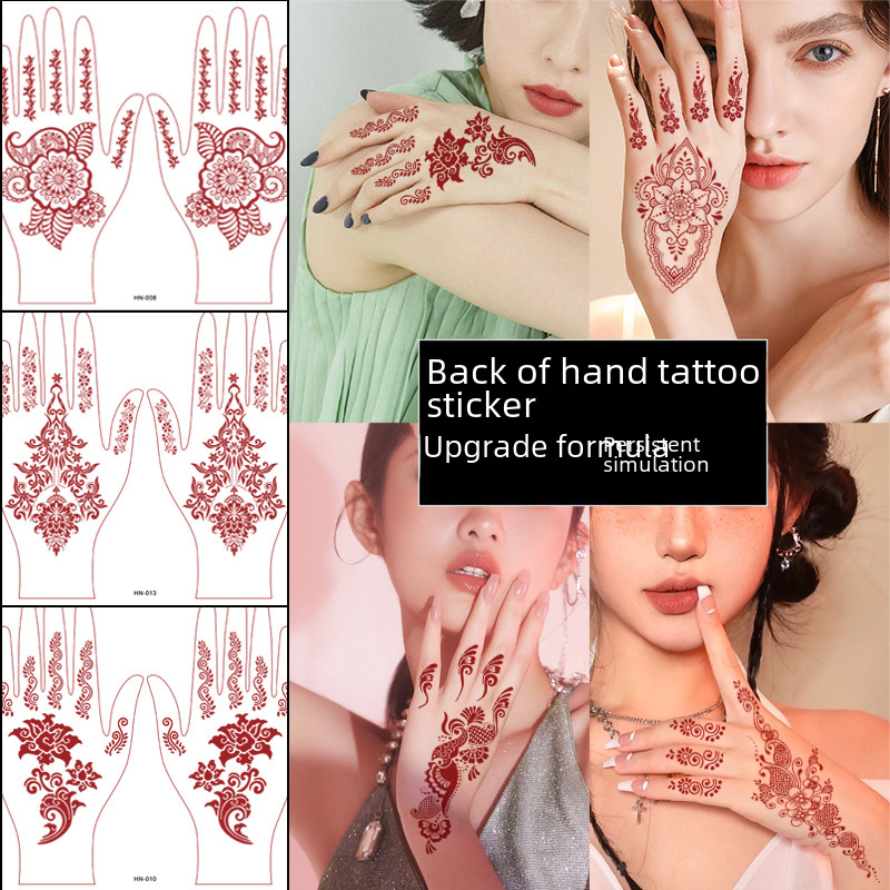 新款手背跨境汉娜蕾丝纹身贴henna棕红色印度防水汗持久性感tatto