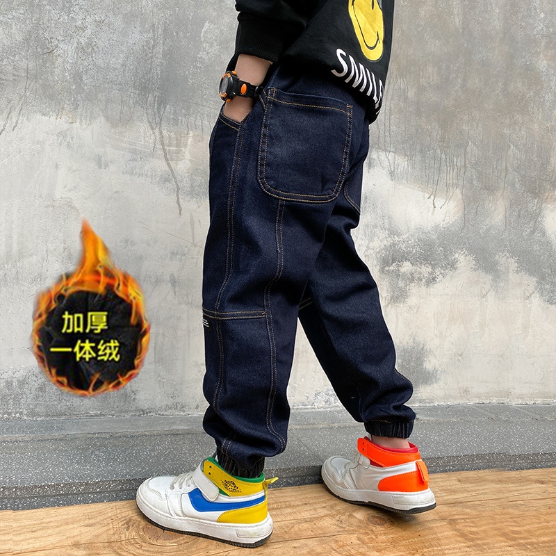 Children's Clothing Middle and Large Boys Velvet Jeans Children's Pants Casual Children's Pants One-piece Velvet