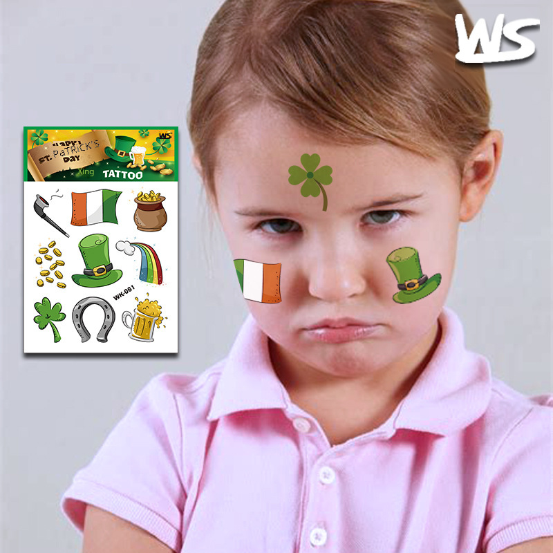 跨境 儿童圣帕特里克节纹身贴  爱尔兰脸贴防水环保纹身贴纸