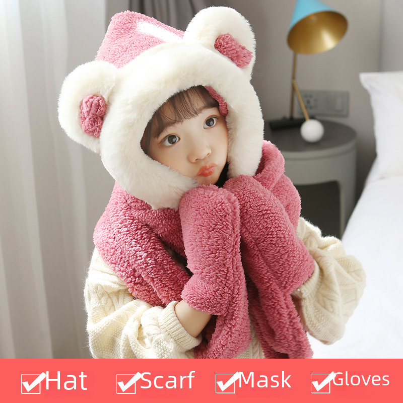 Children's Hat Scarf Gloves Autumn and Winter Cute Girl Baby Pullover Hat Scarf Set Thickened Plush