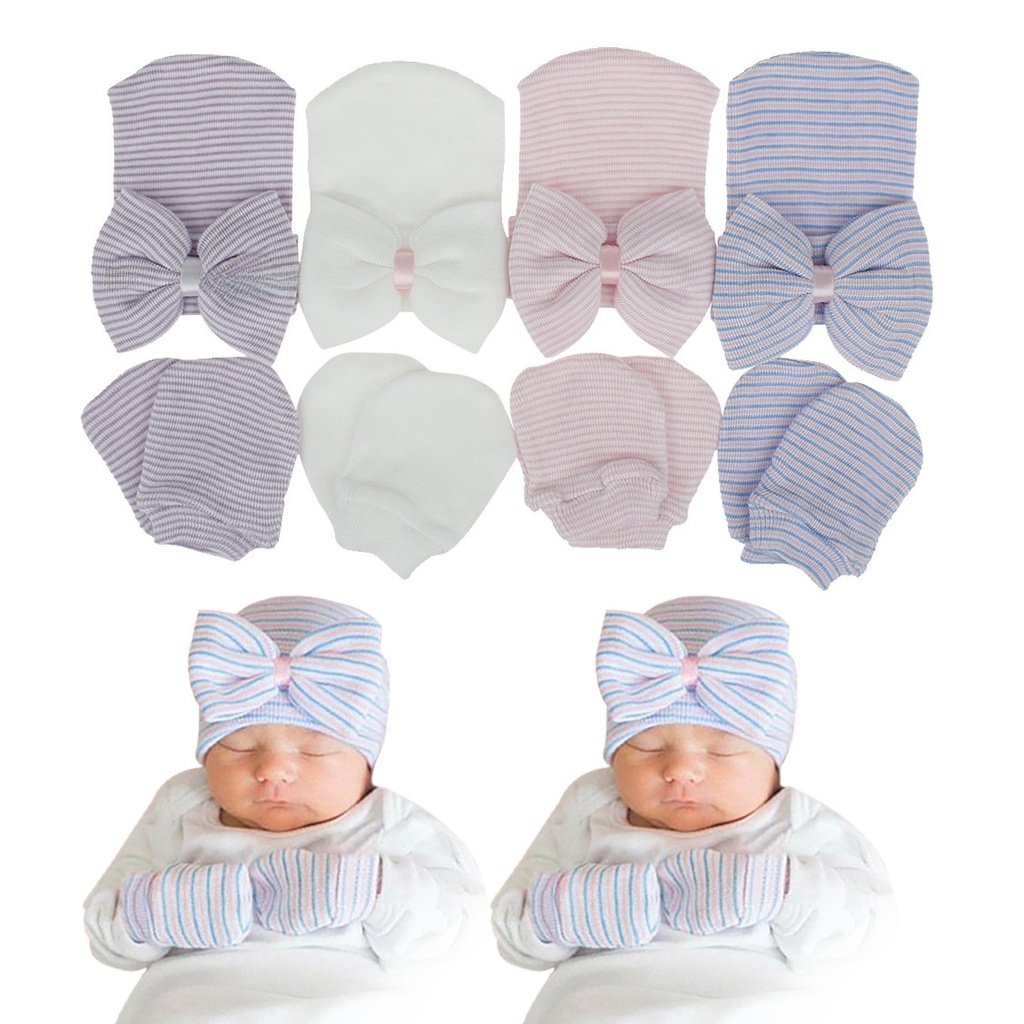 born baby fetal cap big bow knitted gloves hat set cute baby pullover cap