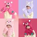 Children's men's and women's winter scarf hat one strawberry bear student cute warm thickened ear protection windproof three-piece set