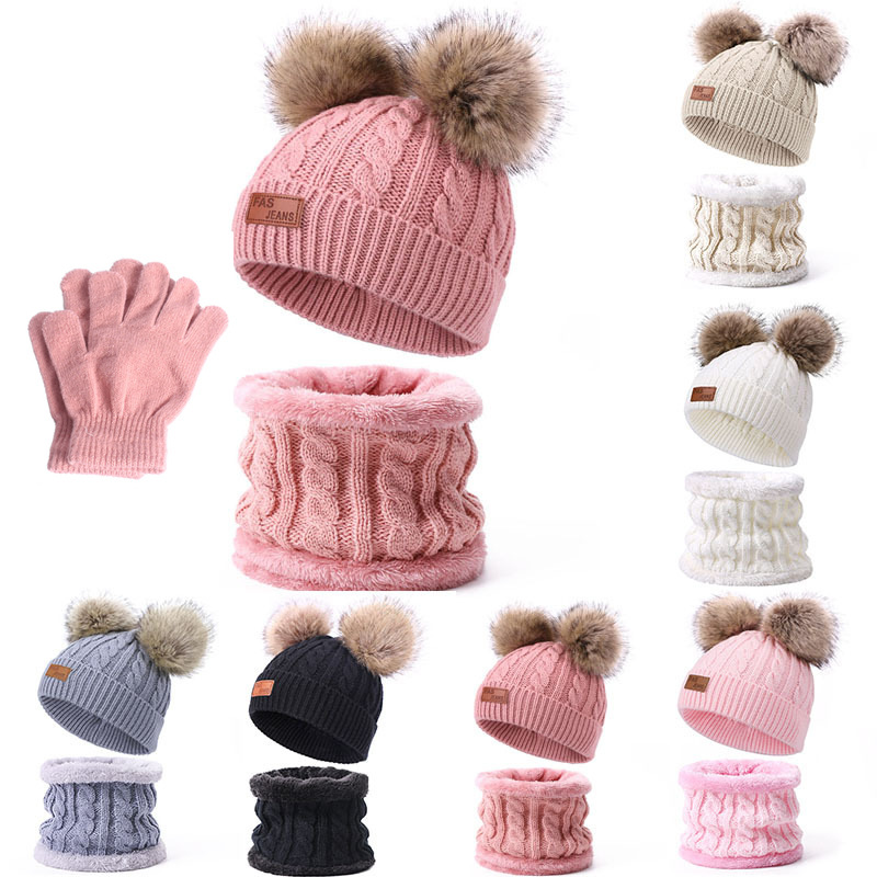 Winter Children's Neck Hat Two-Piece Pompom Baby Baby Knitted Hat Warm Wool Fleece-Lined Thickened Neck Set