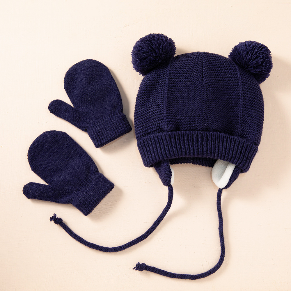 欧美新款儿童辫子帽子手套一套 现货保暖护耳儿童针织帽手套一套