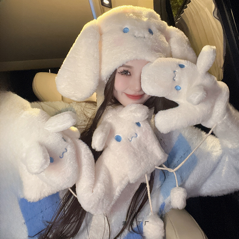 ABOUTHEXX cute little white dog warm ear protection three-piece winter cold-proof face small fashion gloves scarf