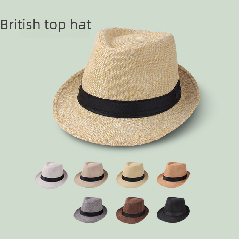 Spring and summer men's small top hat solid color linen with satin Jazz hat men's hat old man hat couple sunshade hat