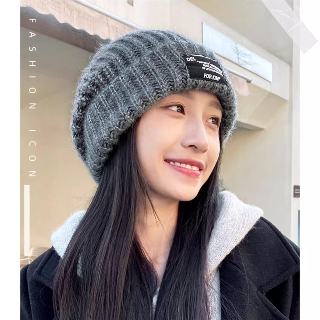 Korean-style Letter Cloth Label Thickened Knitted Wool Hat Women's Winter Big Head and Tail Pullover Cap for Face Small Ear Protection Cap for Warm