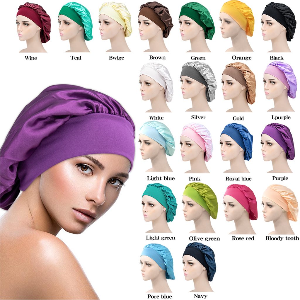 wide-brimmed solid color nightcap women's fashion elastic hair care cap satin chemotherapy cap wash cap