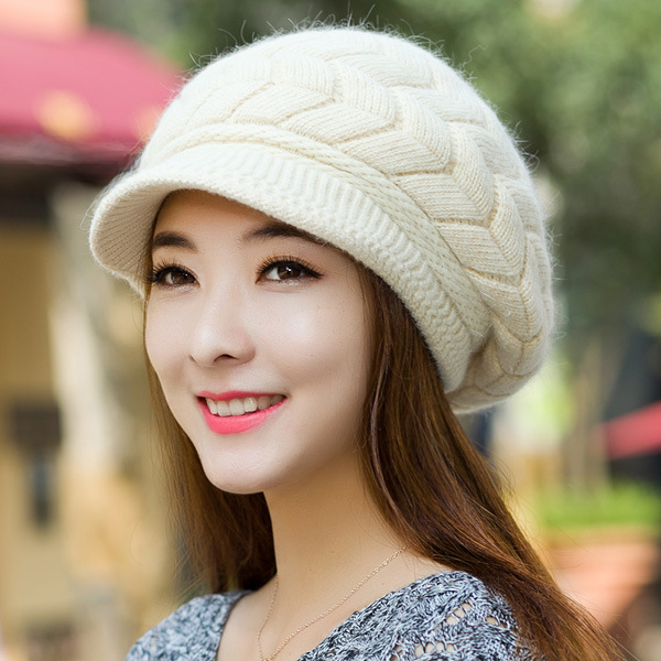 跨境中老年人秋冬季保暖针织毛线帽加绒韩版时尚百搭贝雷帽子女冬