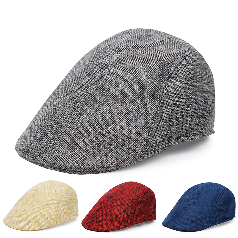 外贸棉麻贝雷帽男士复古鸭舌帽中老年帽子简约光板薄款夏季前进帽