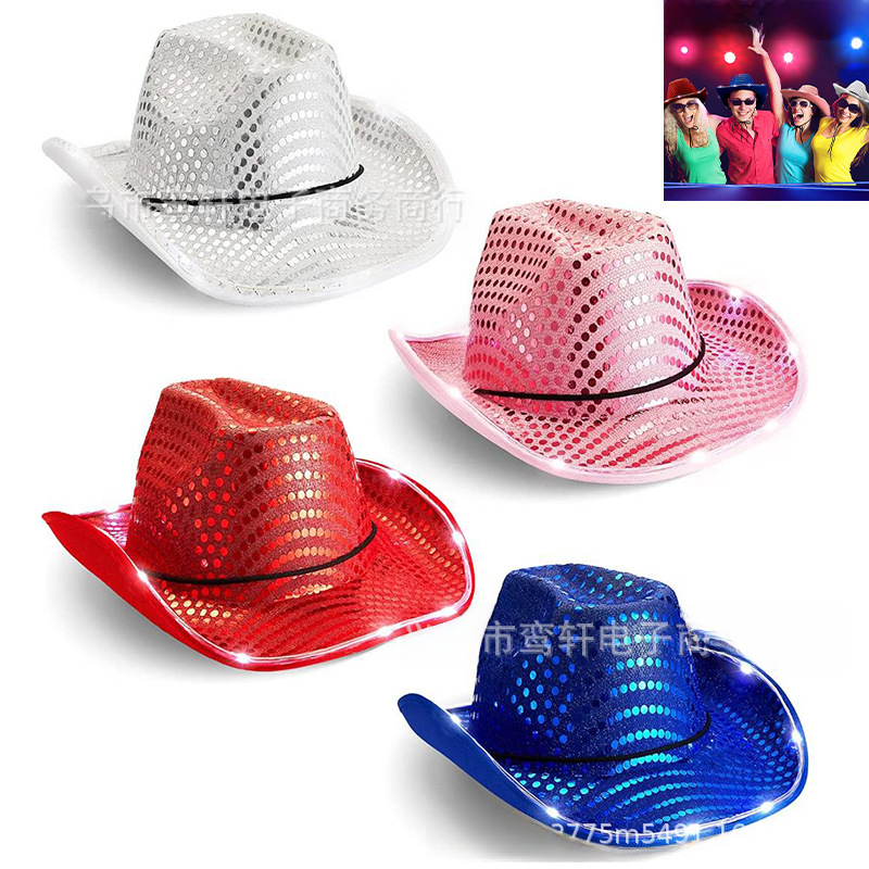 Halloween LED luminous Western cowboy hat Carnival pink glitter sequin hat party composite Eva with light hat