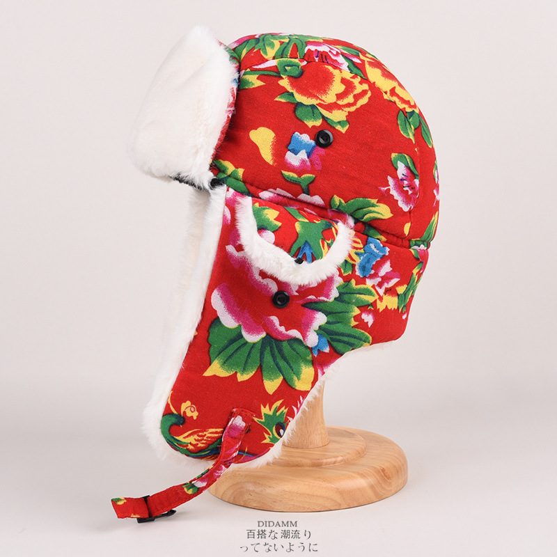 Lei Feng Hat Women's Winter Warm Ear Protecting Northeast Large Flower Cloth Cotton Hat Men's Retro Ethnic Style Children's locomotive Hat