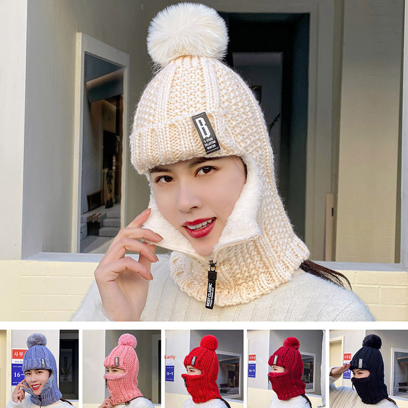 Winter Women's Knitted Korean-style Fleece Pullover Ear Protection Cap Women's Cycling Wool Zipper Neck Warm Hat