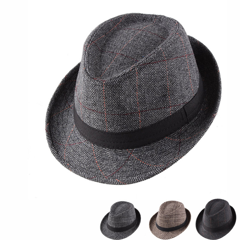 Autumn Top Hat Men's Flanged Plaid Fabric Small Top Hat Middle-aged and Elderly Jazz Hat Autumn and Winter Men's Hat Casual Hat