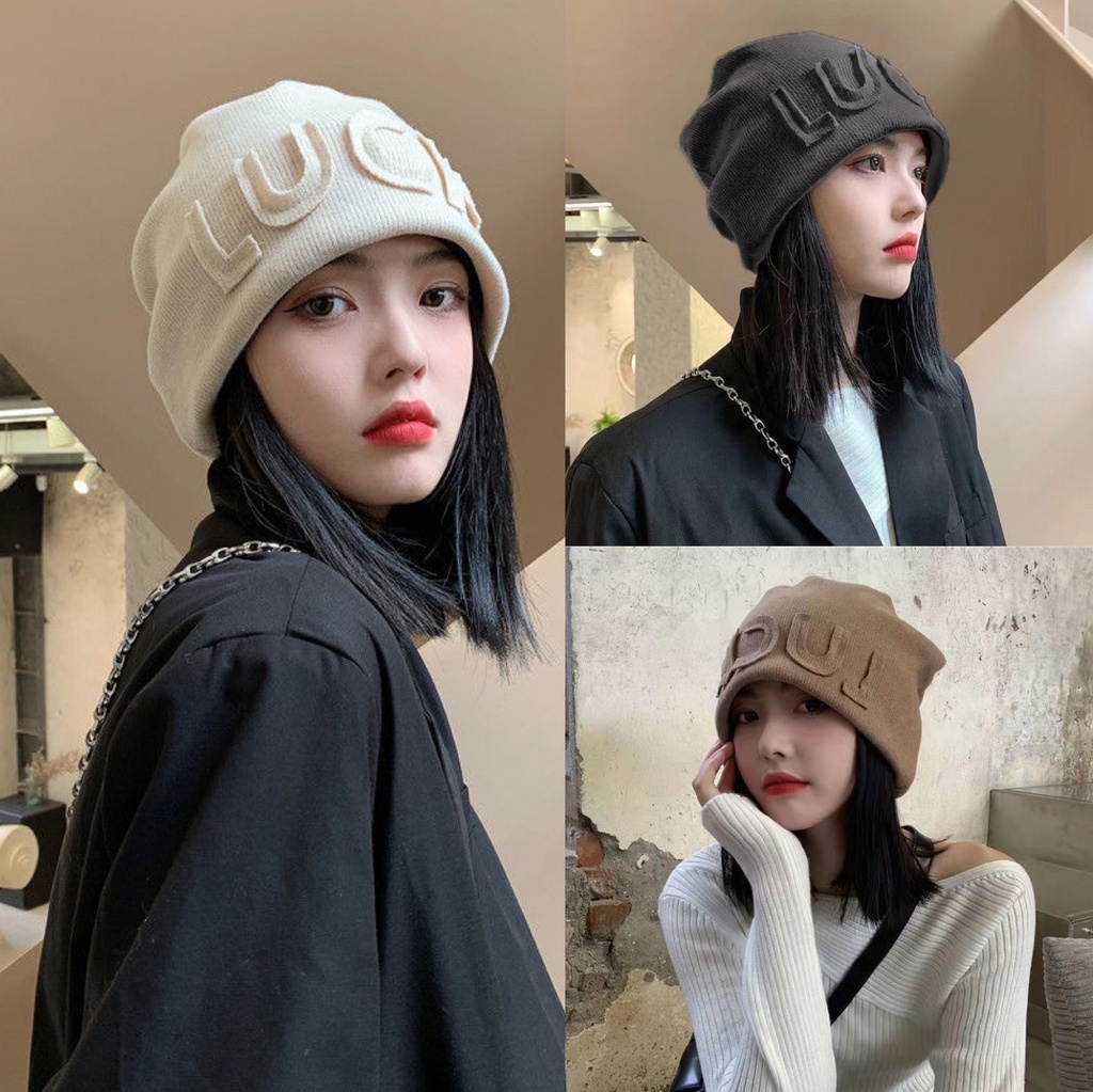 Autumn and Winter Hat Children's Japanese Knitted Hat Showing Face Small Wool Hat Internet Celebrity Letter Cold Hat with Velvet Bagging Hat Heap