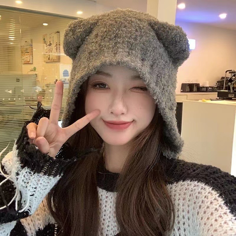 Cute bear wool hat for women autumn and winter big head circumference warm earmuffs all-match face-looking small closed toe knitted hat fashion