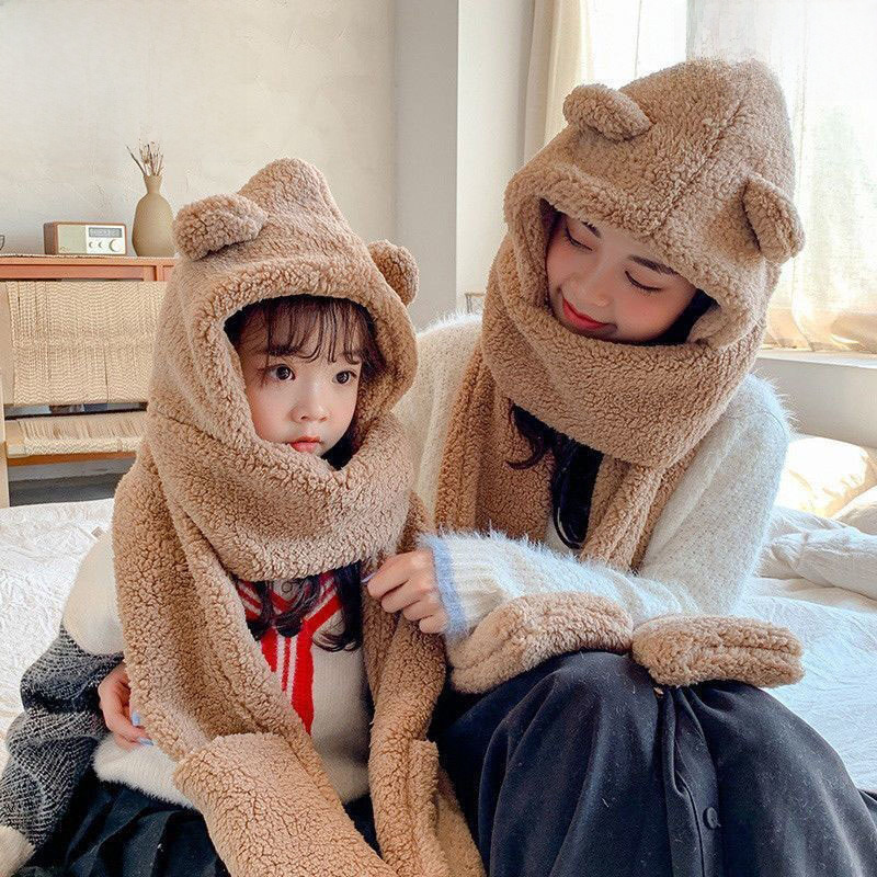 Bear Ear Cap Women's Scarf Gloves Three-piece Set Women's Winter Cute Plush Korean-style All-match Riding Cap